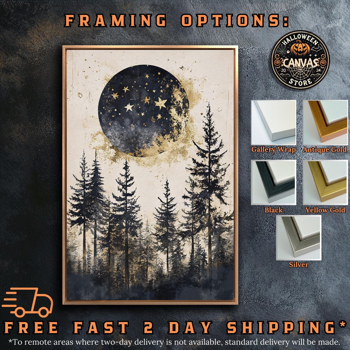 Starry Black Moon Over Pine Forest Cream Celestial Art Poster - Image 5