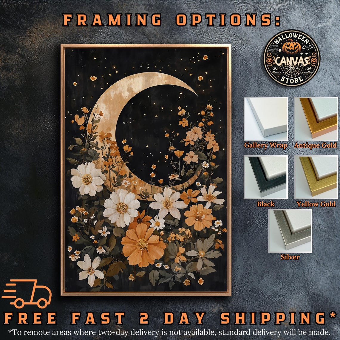 Golden Crescent Moon Over White Wildflowers In Starry Night Sky Poster - Image 5