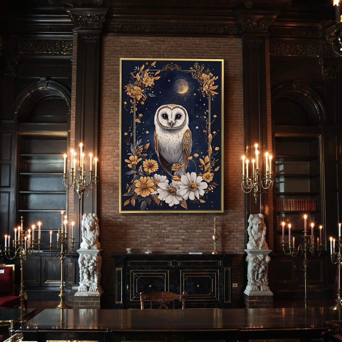 Barn Owl Under Crescent Moon In Golden Floral Border Night Starry Poster - Image 2
