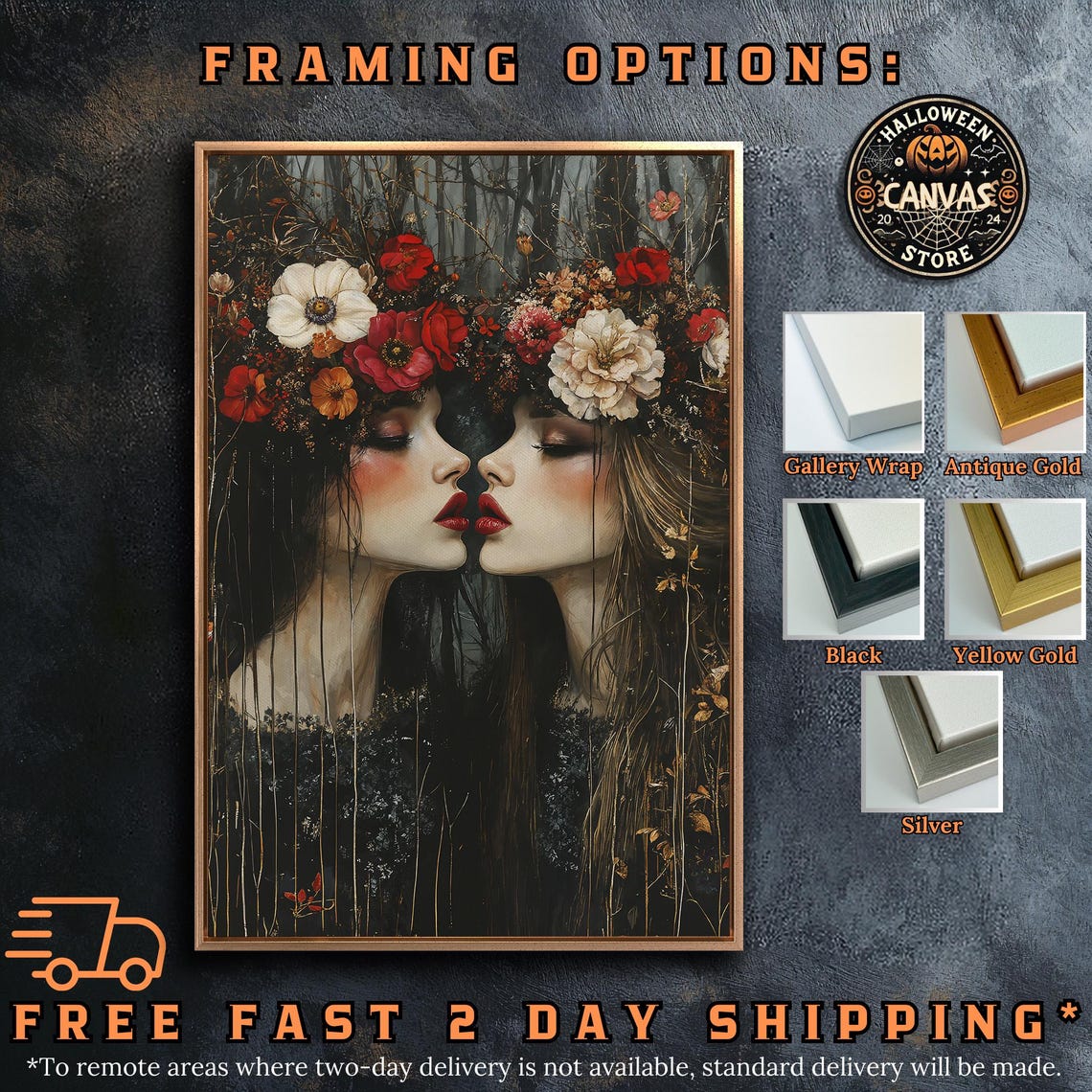 Two Women With Floral Crowns Nose to Nose Gothic Forest Art Poster - Image 5