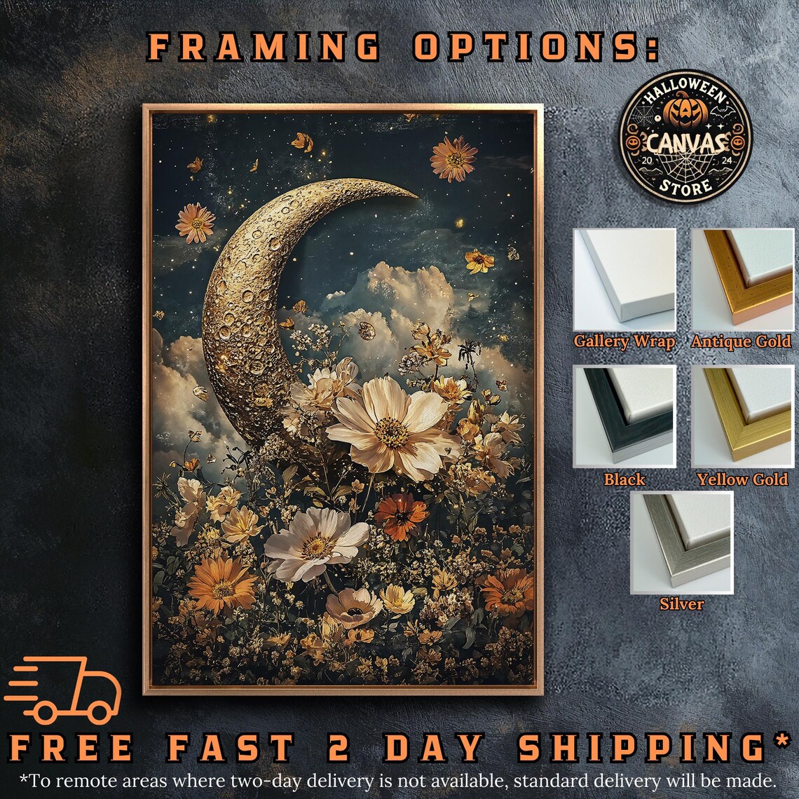 Golden Crescent Moon Wildflower Meadow Clouds Starry Night Surreal Wall Art - Image 5