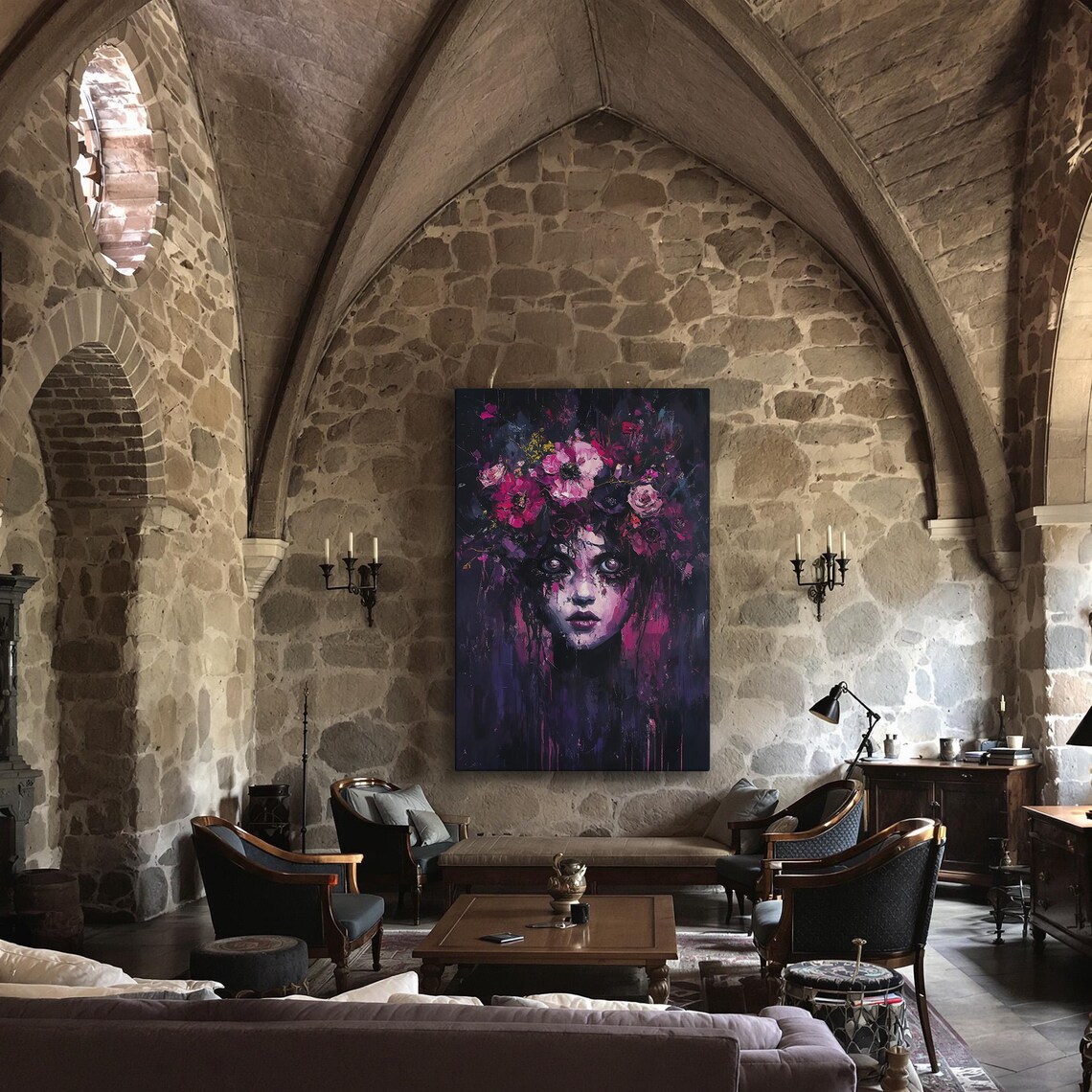 Haunting Surreal Woman Pink Flowers Dark Purple Gothic Portrait Wall Art - Image 3