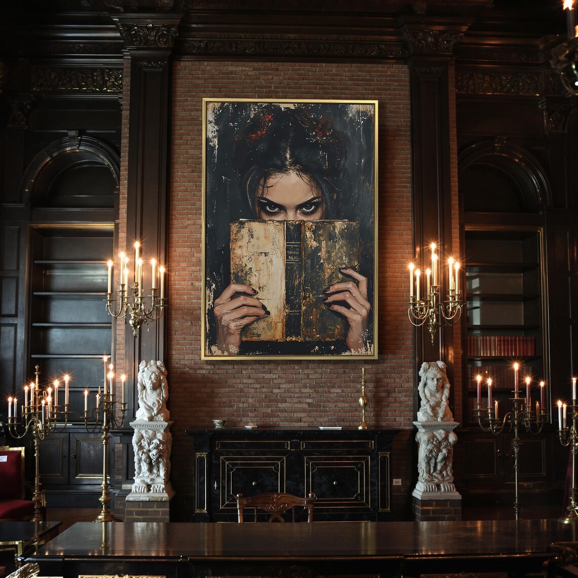 Mysterious Woman Peering Over Old Book Dark Eyes Gothic Reader Wall Art - Image 2