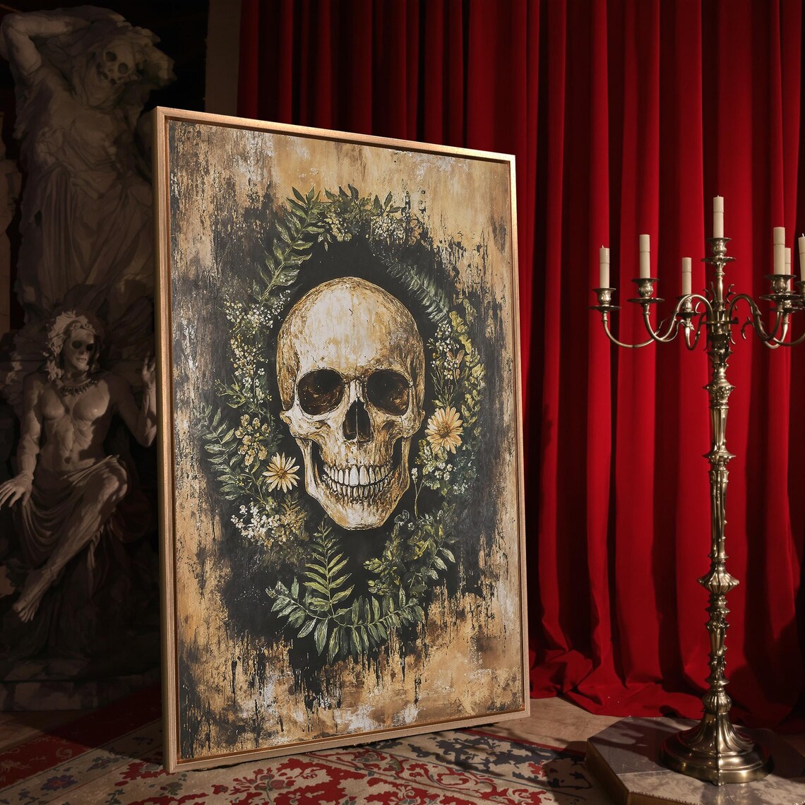 Skull Green Fern Wreath Wildflowers Grungy Dark Gothic Memento Mori Wall Art - Image 4