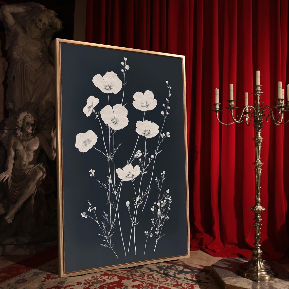 Minimalist White Wildflowers Black Background Dark Botanical Poster - Image 4