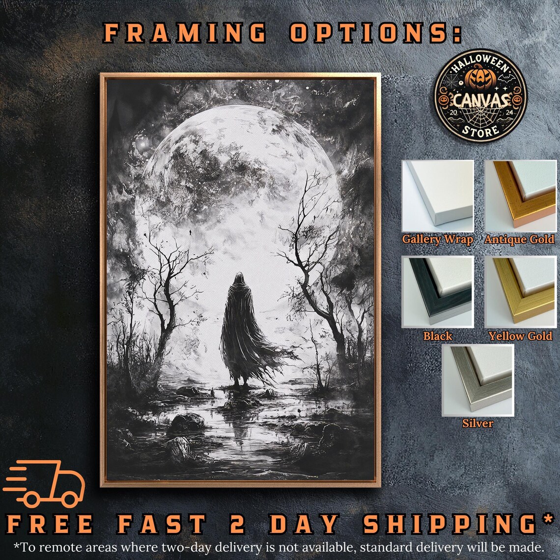 Hooded Figure Before Giant Full Moon Black And White Gothic Scene Poster - Image 5