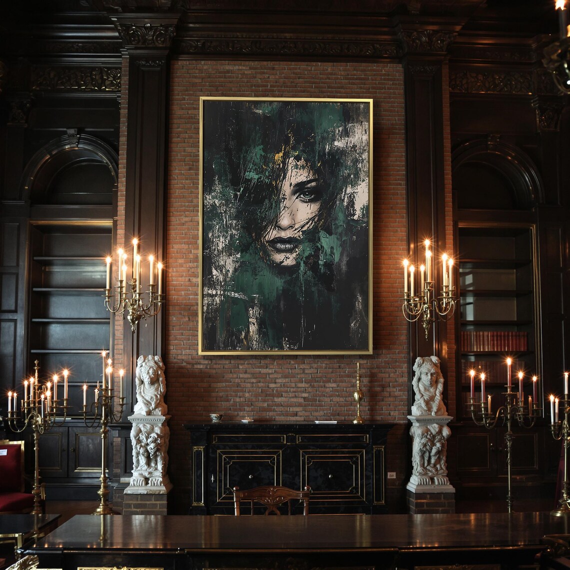 Moody Abstract Female Face In Dark Green Brushstrokes Gloomy Art Poster - Image 2