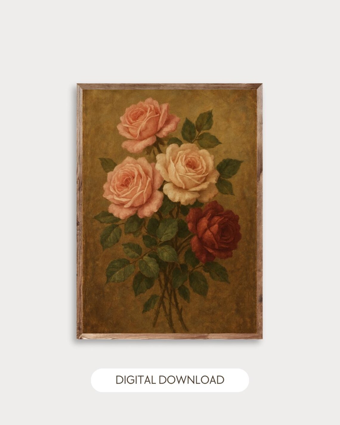 Vintage Pink and Red Roses Bouquet Antique Floral Oil Art Poster