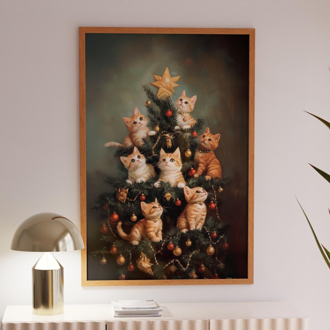 Kittens Climbing Decorated Christmas Tree Vintage Style Poster