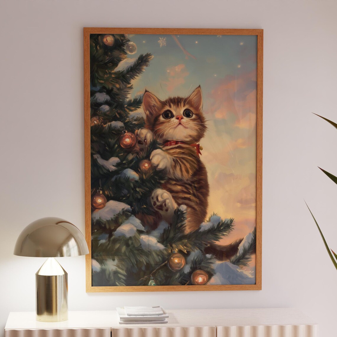 Tabby Kitten Climbing Snowy Christmas Tree Ornaments Wall Art