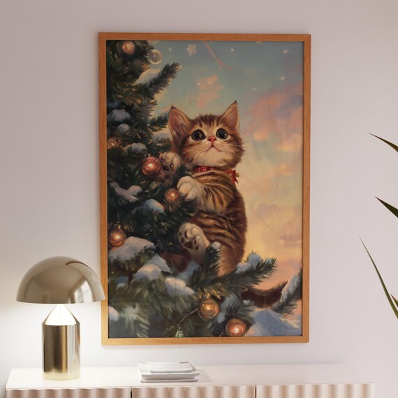 Adorable Kitten Climbing Christmas Tree Poster Cute Holiday Wall Art For Cat Lovers Cute Kitten Christmas Tree Art Print Christmas Decor