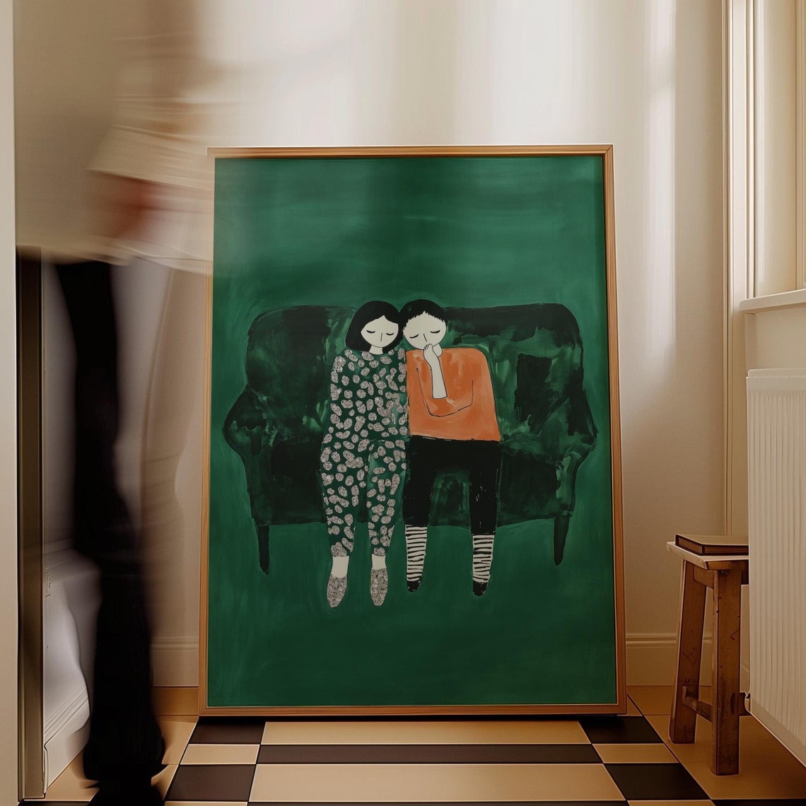 Tender Sibling Snuggle Green Couch Whimsical Kids Art Poster
