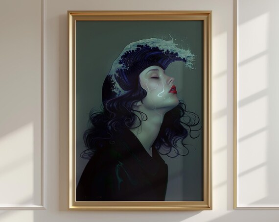 Surreal Woman Portrait With Crashing Ocean Wave In Dark Blue Poster