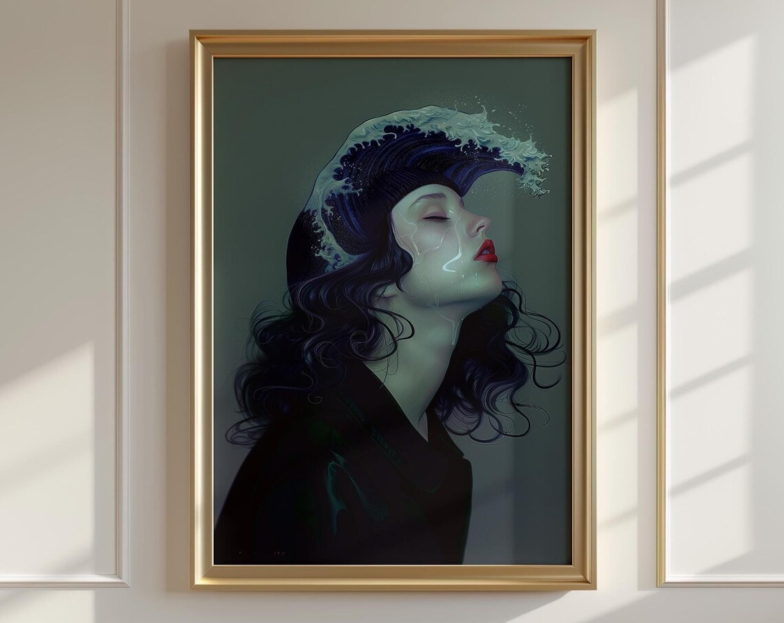 Surreal Woman Portrait With Crashing Ocean Wave In Dark Blue Poster