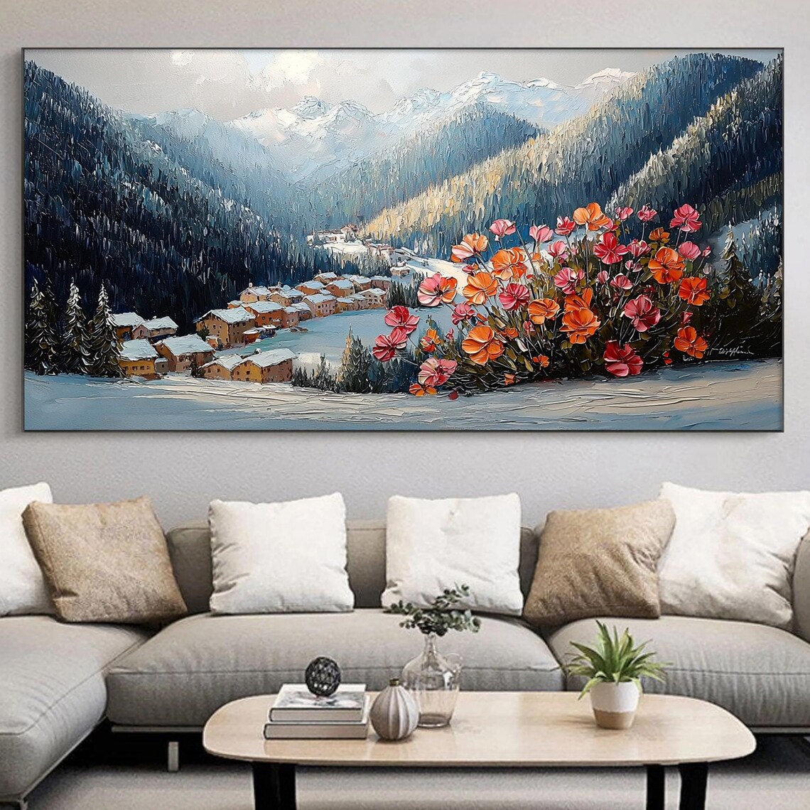Snowy Alpine Village Pink Blossom Tree Winter Impasto Art Poster