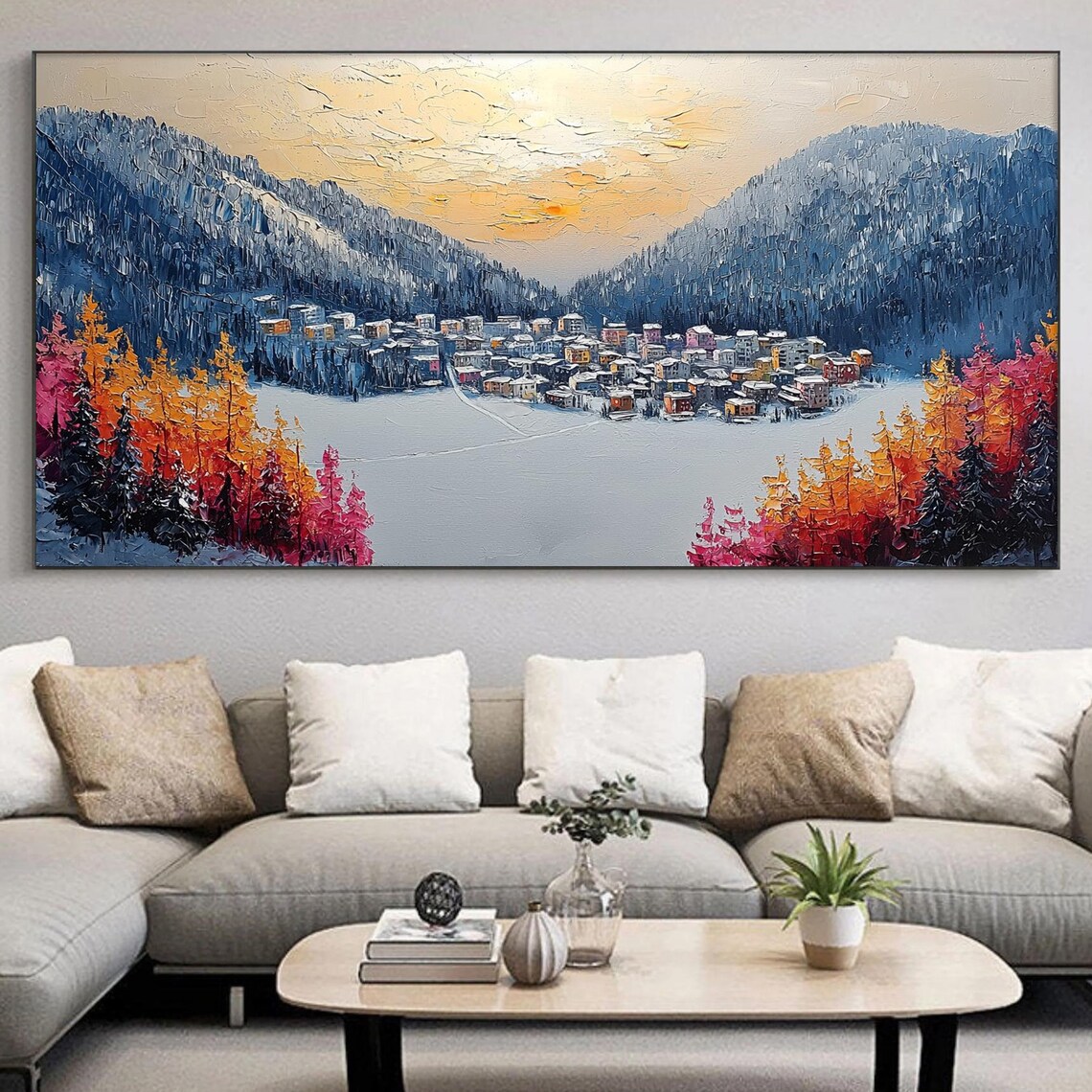 Snowy Mountain Village Golden Larch Sunset Impasto Winter Art Poster