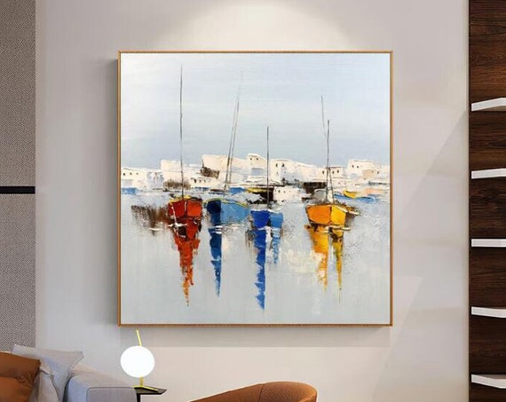 Sailboats in Harbor, Bright Blue Seascape Art Print