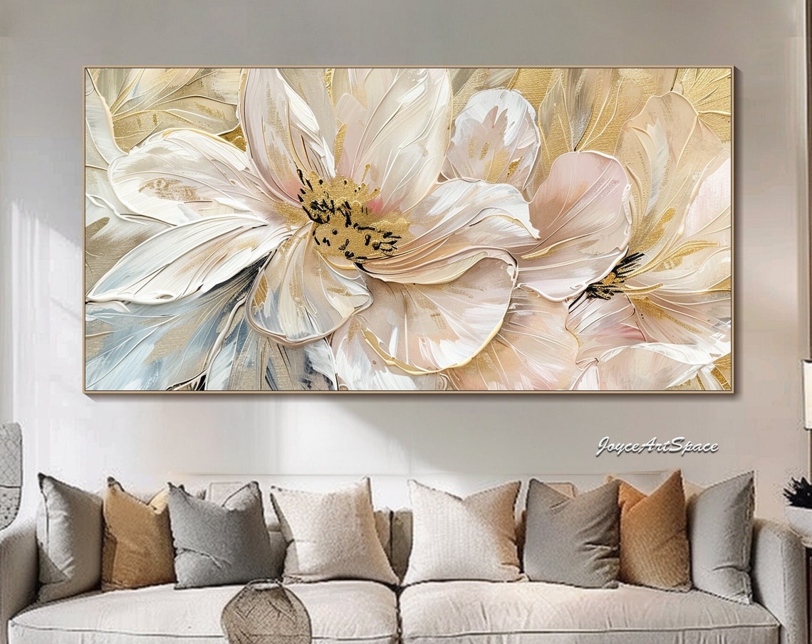 White Gold Floral Close Up Textured 3D Elegant Oil Painting Poster