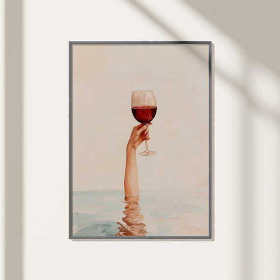 Hand Holding Red Wine Glass Rising from Calm Water Art Poster