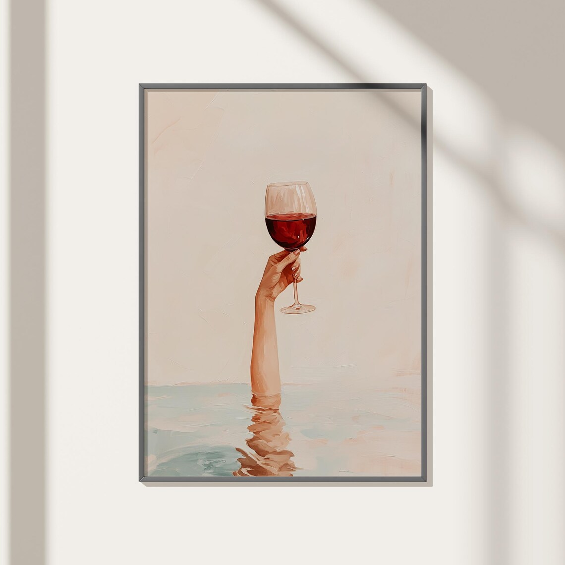 Hand Holding Red Wine Glass Rising from Calm Water Art Poster