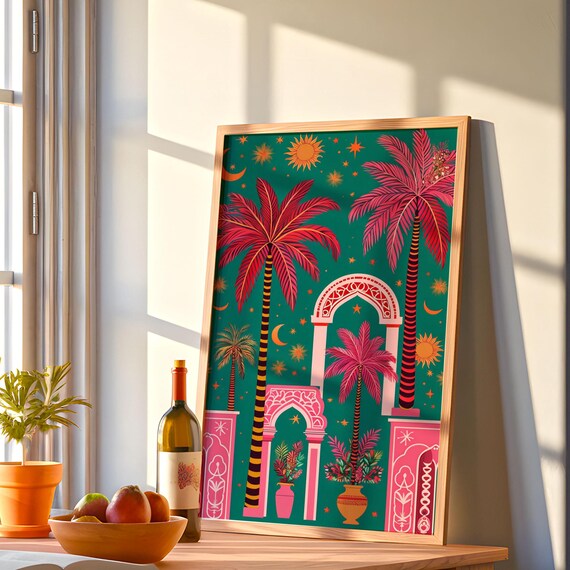 Retro Palms Tropical Art Print, Luxury Pine Wood Frame