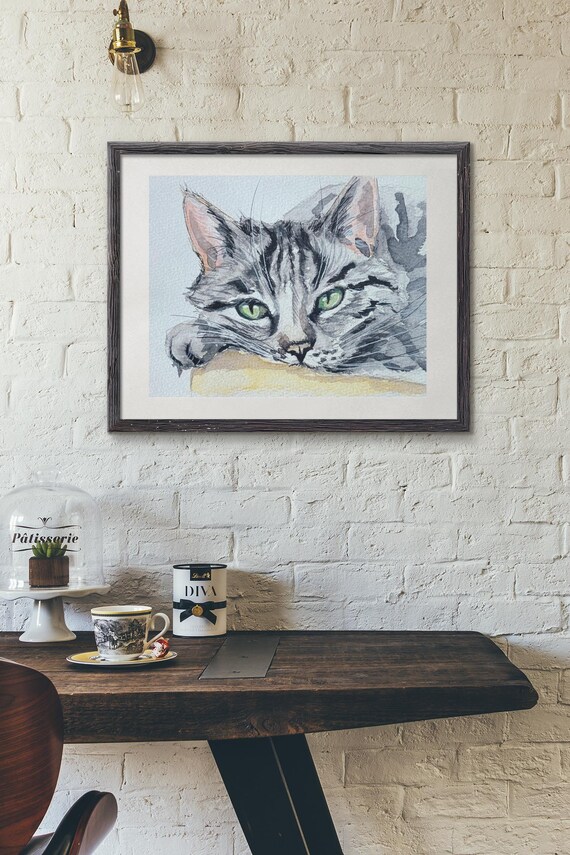 Gray Tabby Cat Watercolor Poster Green Eyes Original Artwork