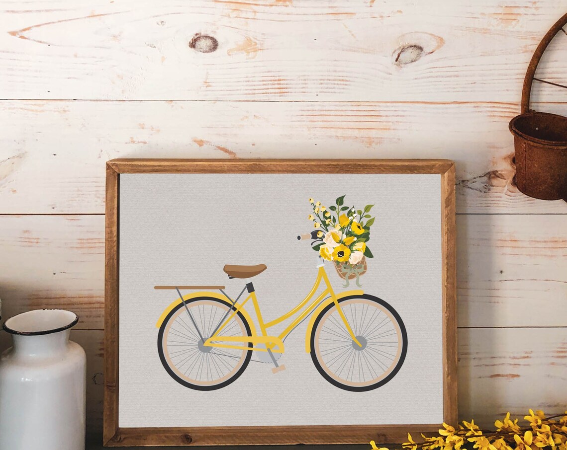 Yellow Vintage Bicycle With Flower Basket Minimalist Retro Bike Poster