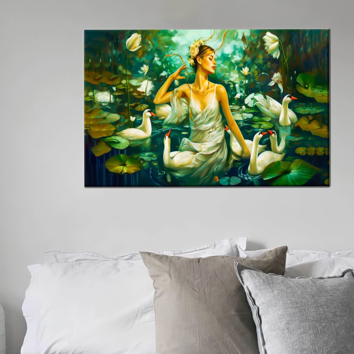 Woman In White Dress Among Swans Lily Pond Fantasy Art Poster