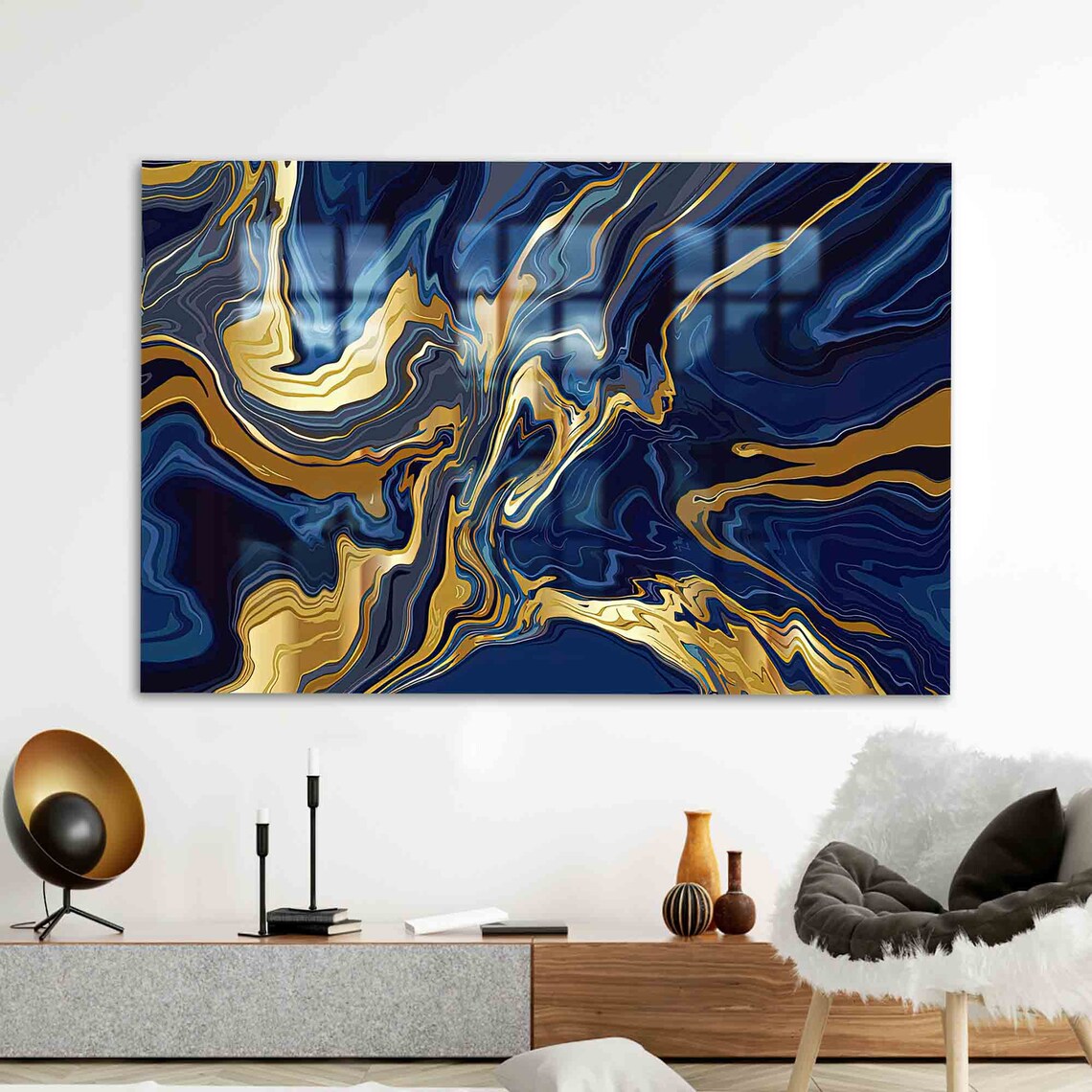 Navy Blue and Gold Marble Swirl Abstract Fluid Art Style Poster