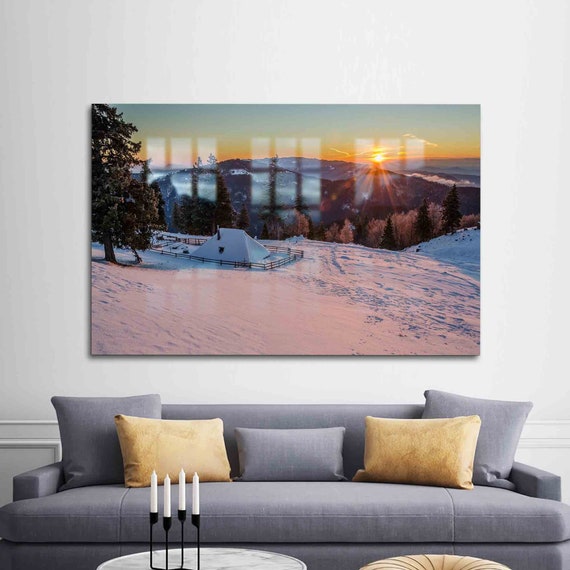 Glass Art Wall Tempered Winter Landscape Printing Mountain Decoration Decor