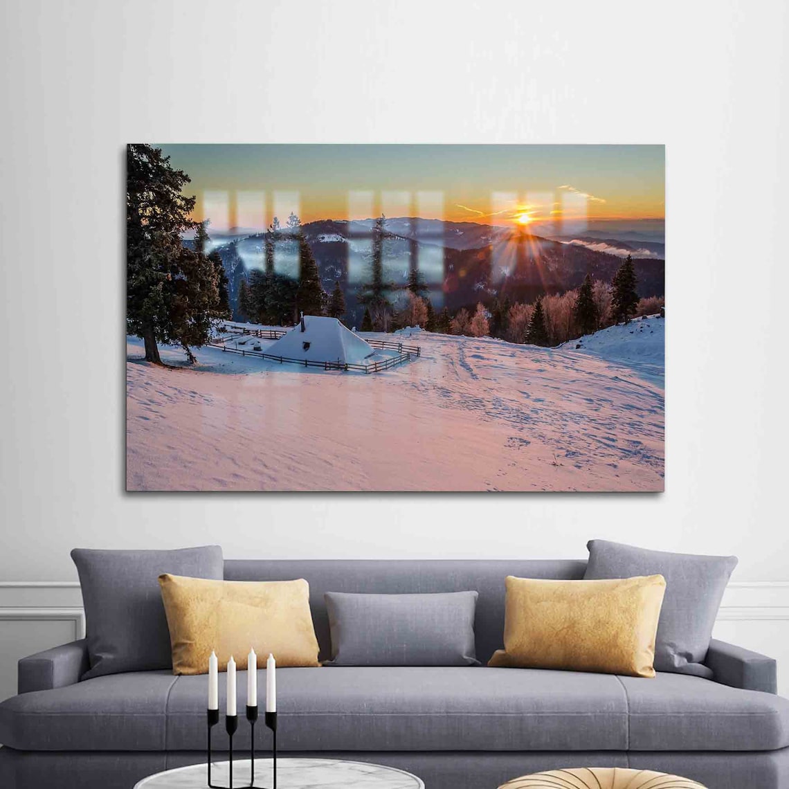 Snowy Mountain Cabin at Sunrise Winter Landscape Photo Poster