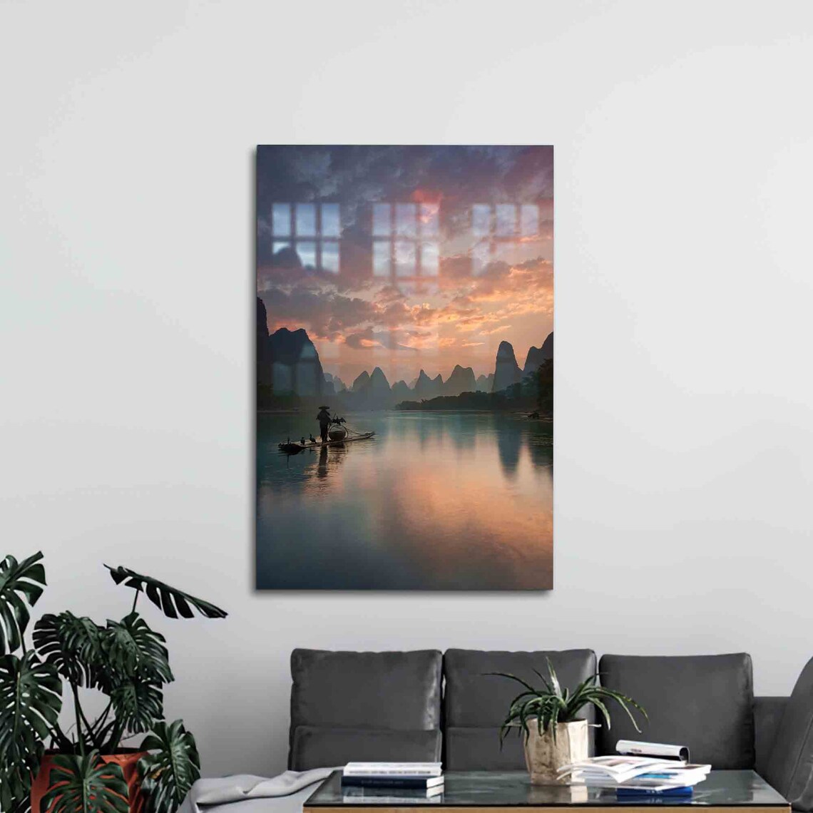 Guilin China Karst Mountains Fisherman Raft Sunset River Scenic Poster