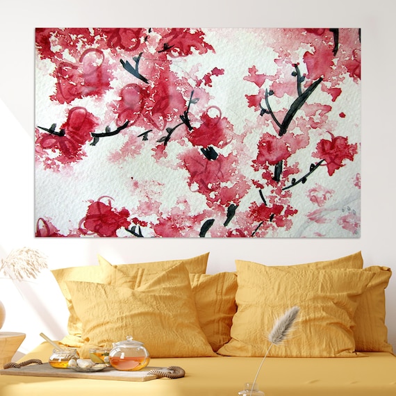 Red Cherry Blossom Branches Japanese Watercolor Floral Art Poster