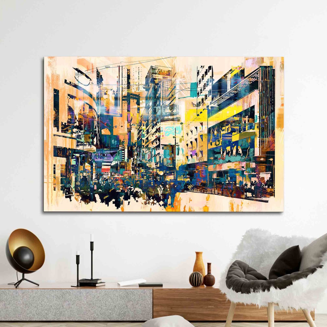 Vibrant Abstract City Street Painted in Bold Yellow and Blue Wall Art