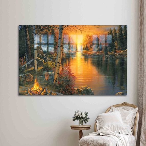 Wall Decor Tempered Glass Art Sunset Forest Landscape View Nature River