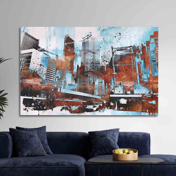 Wall Art Decor Glass Skyscraper Painting Skyline Abstract Landscape Cityscape