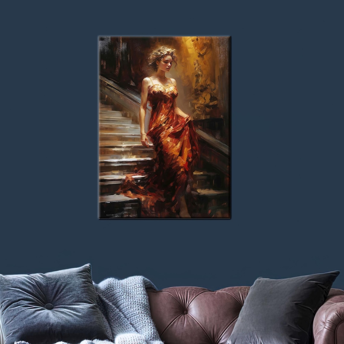 Woman in Red Gown Descending Stairs Impressionist Oil Painting Poster