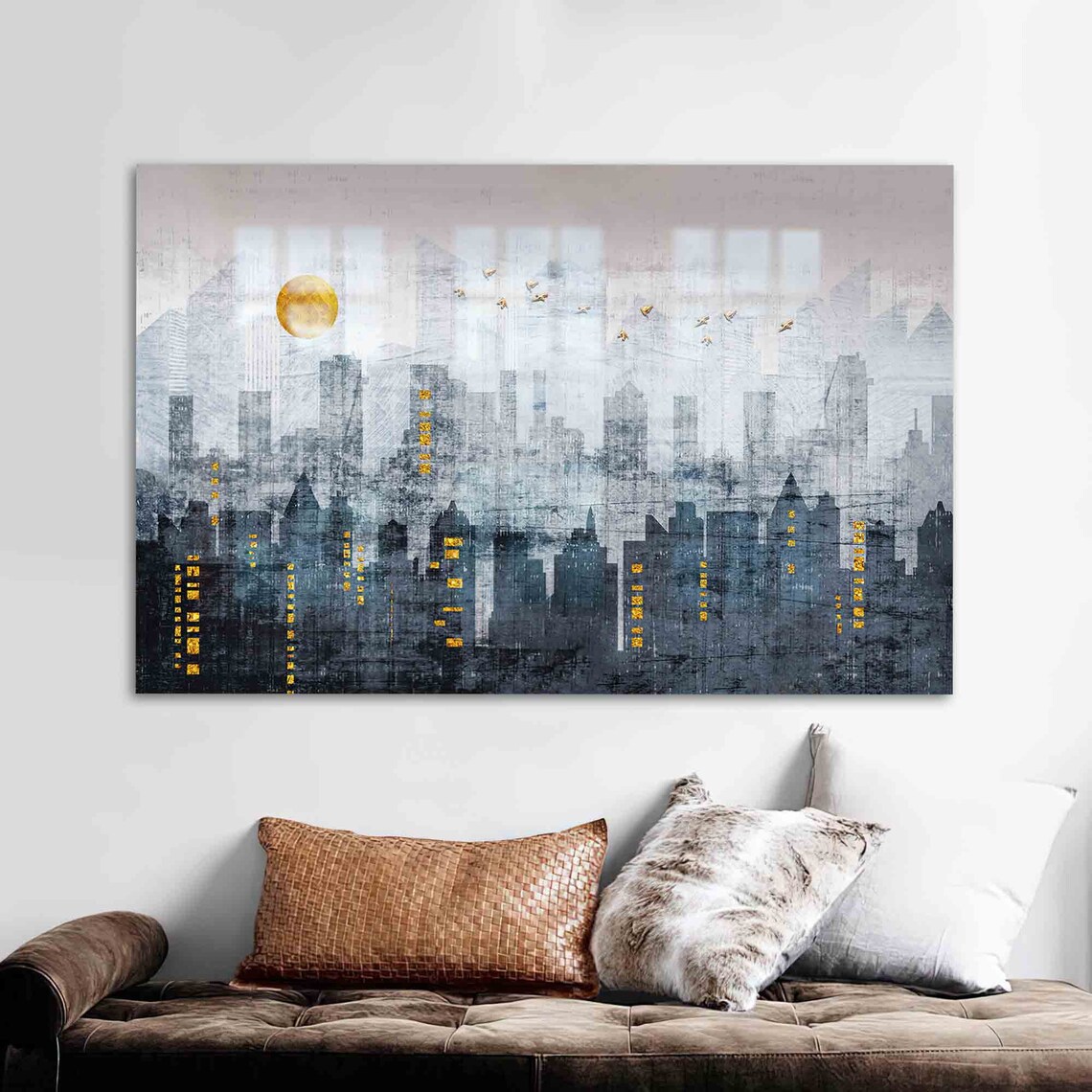 City Skyline At Night With Golden Moon Modern Abstract Poster