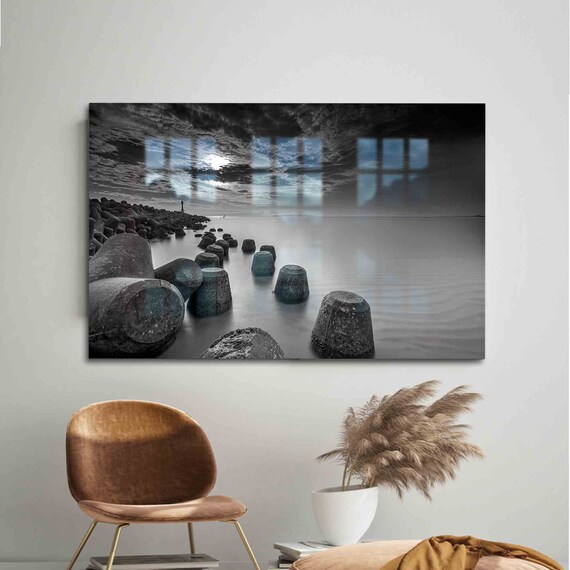Black and White Breakwater Rocks Moody Seascape Photograph Wall Art