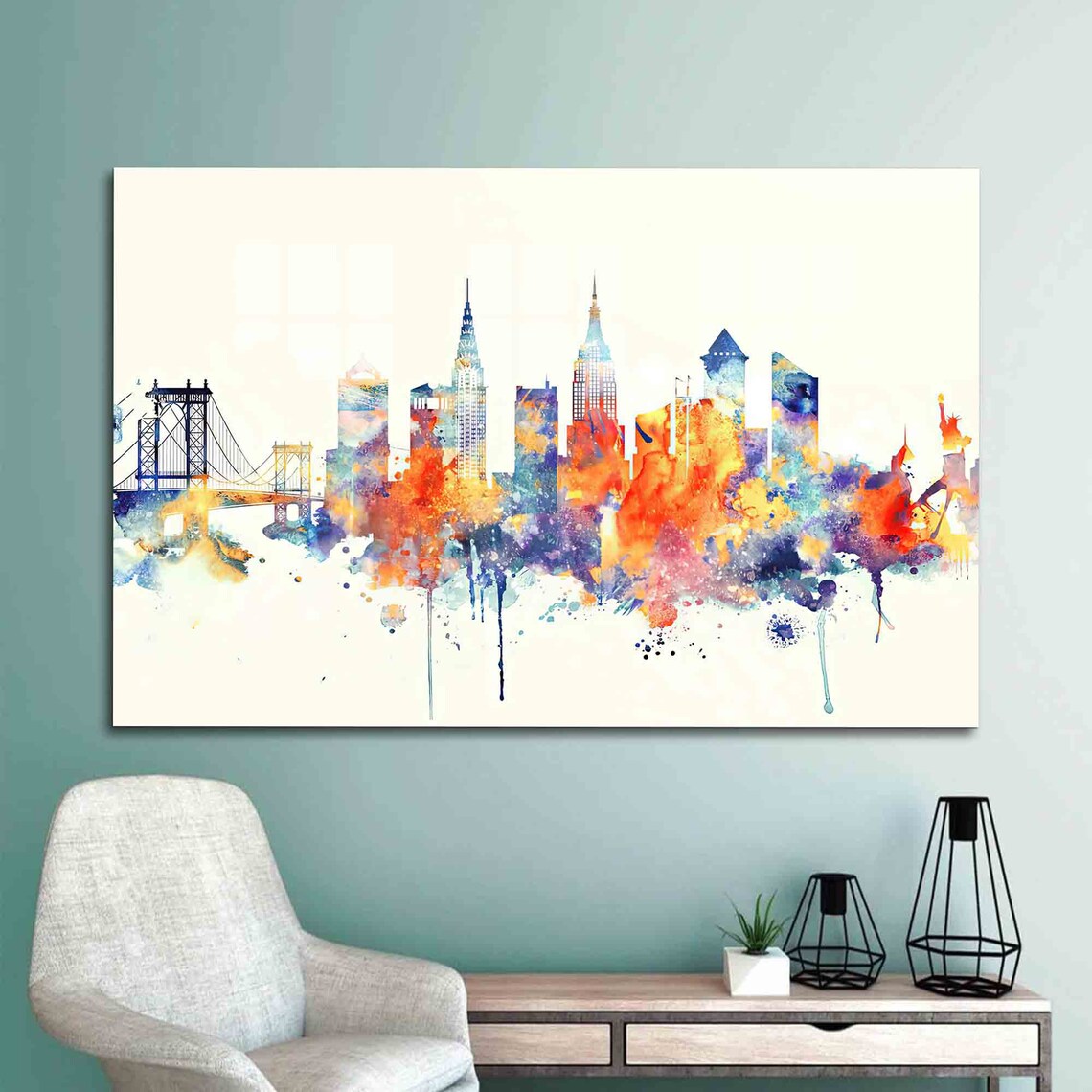 New York City Skyline Colorful Watercolor Abstract Painting Poster