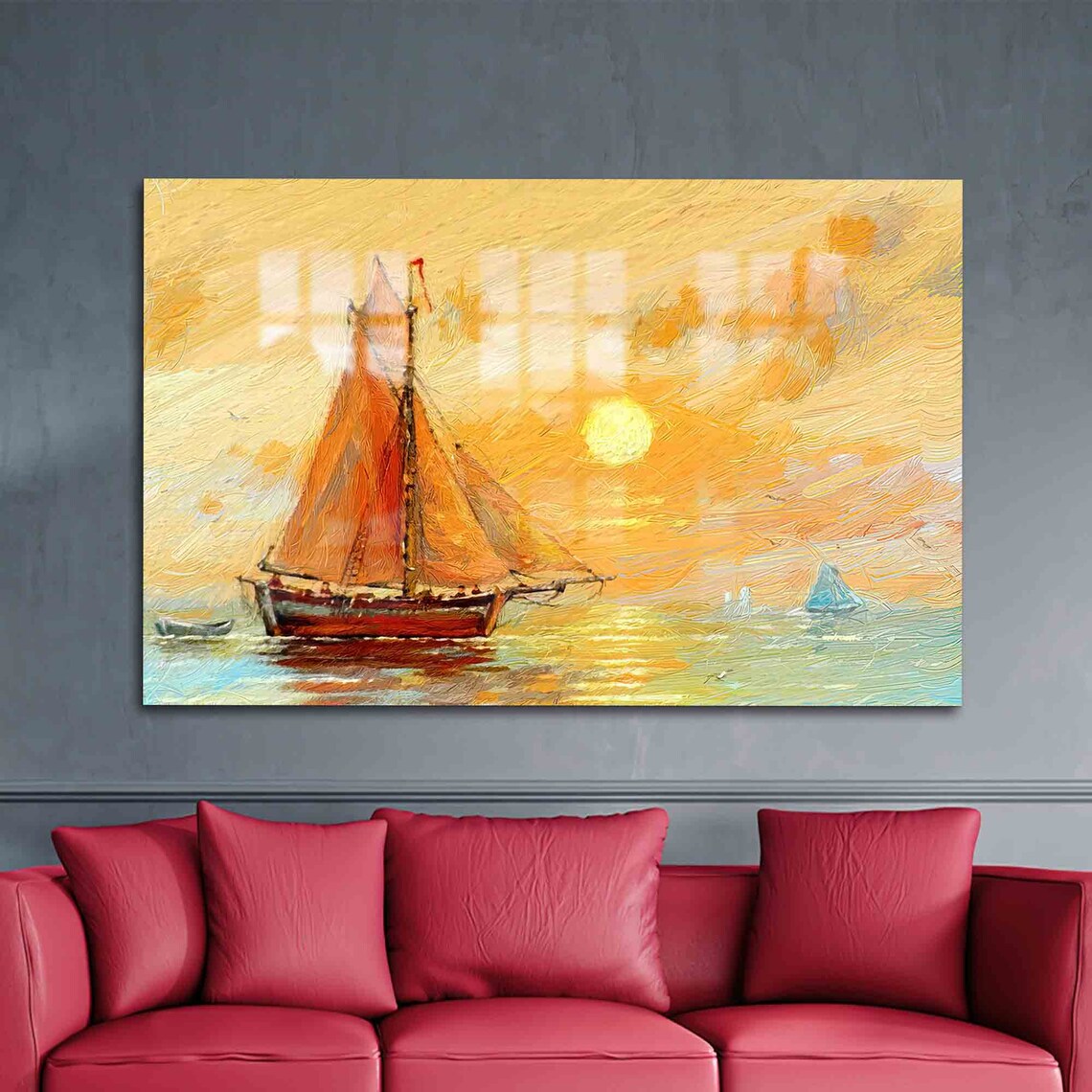 Sailboat at Golden Sunset Impressionist Seascape Oil Painting Poster