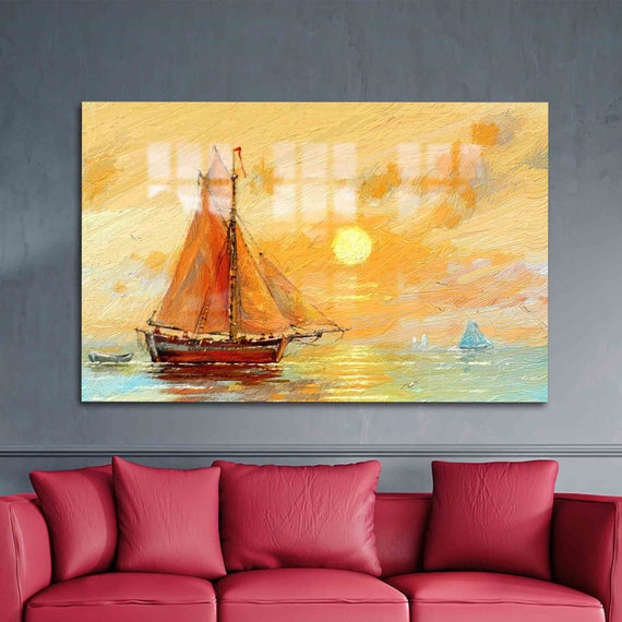 Glass Wall Art Mural Tempered Fishing Boats Paiting Sea Landscape Decor Sunset