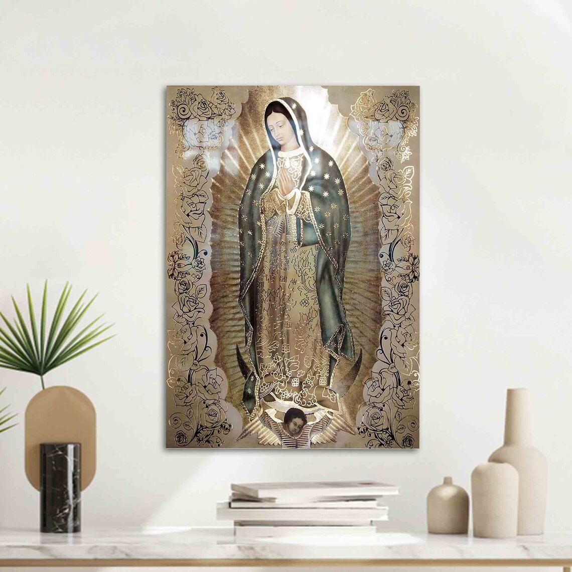 Our Lady of Guadalupe Golden Roses Glass Religious Art Wall Poster