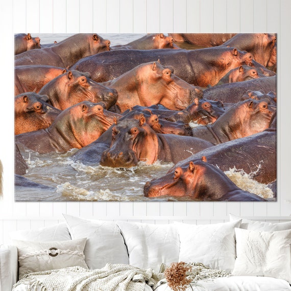 Loft Wall Decor Large Wildlife Art Gift For The Home Animal Canvas Hippos Artwork Her