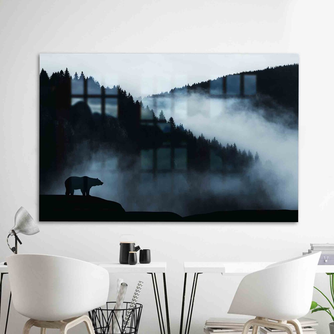 Bear Silhouette Mountain Landscape Art Print