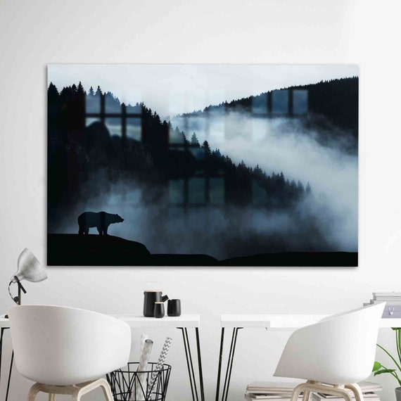 Bear Silhouette Mountain Landscape Art Print
