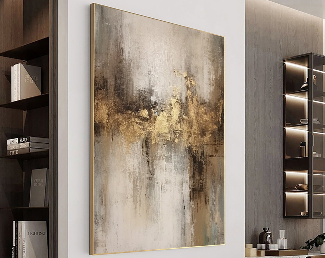Gold Leaf Accent Abstract Painting With Grey And Cream Tones Poster