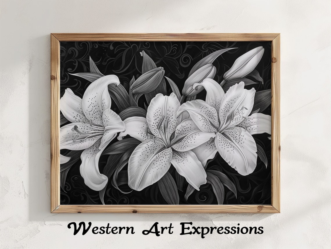 Three White Lilies Monochrome Floral Drawing On Black Poster
