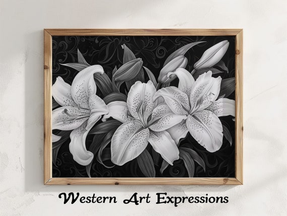Trio Of Lillies Ink Drawing Elegant Black And White Lily Wall Art Floral Home Decor Monochrome Botanical Print