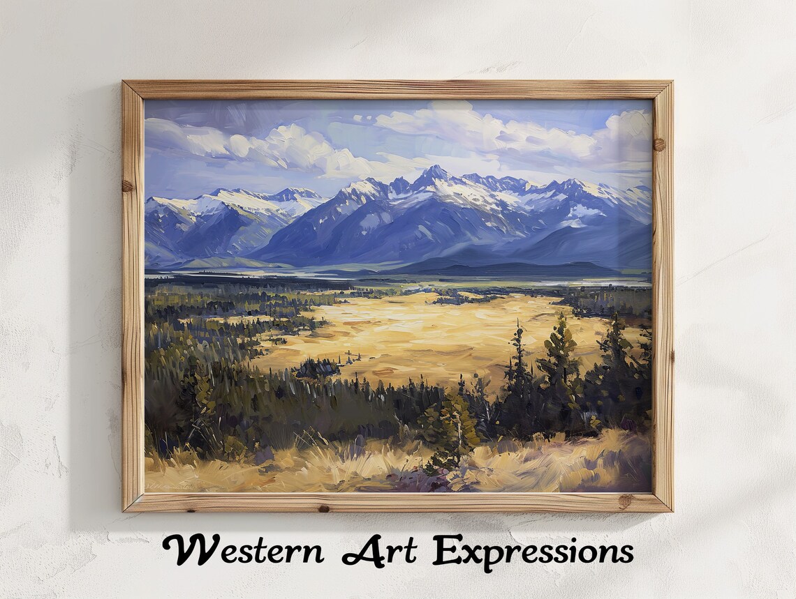 Snow Capped Cascade Mountains Over Golden Meadow Oil Painting Poster
